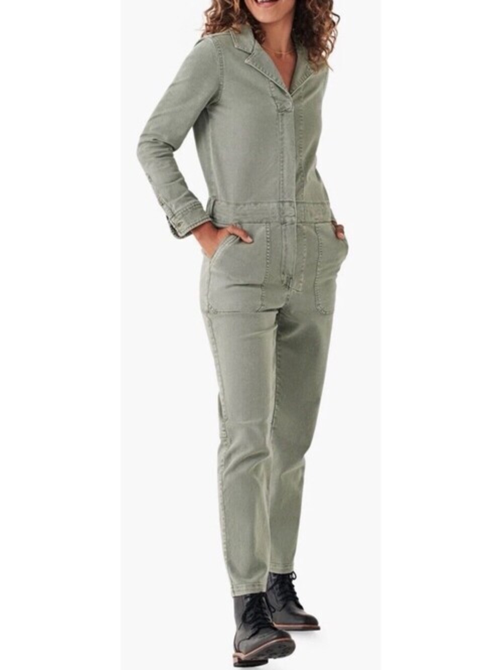 Faherty Olive Green Overland Denim Utility Jumpsuit Org Cotton Size M Aviator - Picture 1 of 12